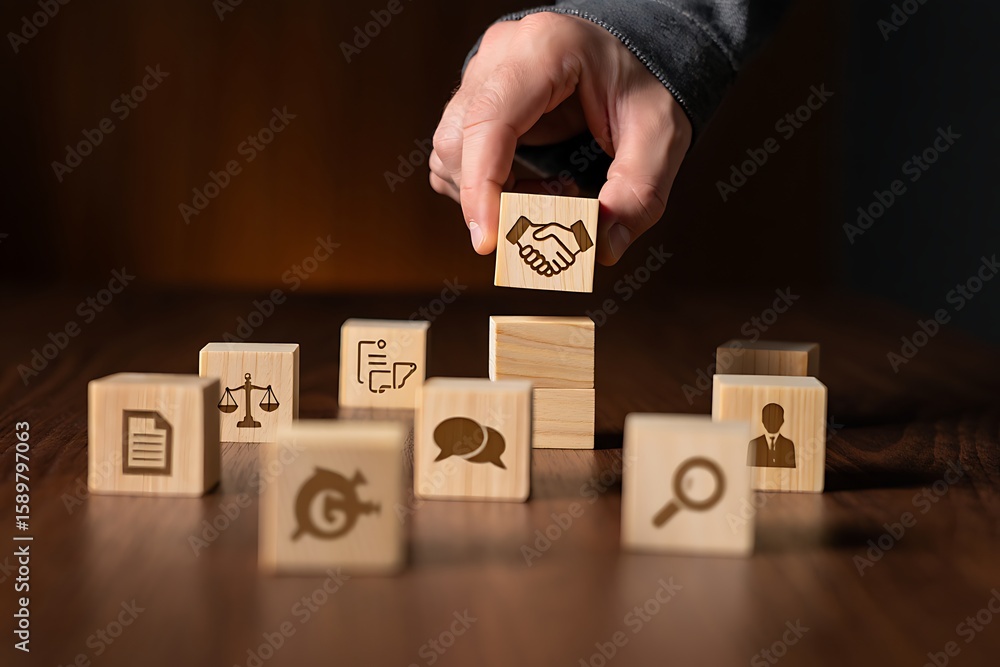 Poster a hand places a wooden block with a handshake icon onto a stack of blocks representing business conc
