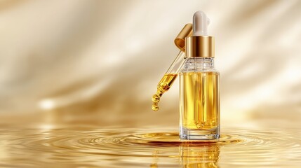 Naklejka premium Gold Makeup Dropper Vial Isolated on White. Cosmetics Moisturizer with Pure Vitamin C Peptides Botanicals and Hyaluronic Acid. Container Liquid Emulsion Essence Serum Foundation.