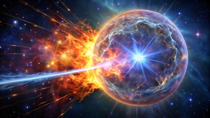 Photo of a dramatic celestial event unfolds as a planet is engulfed in a fiery explosion, emitting a powerful energy beam into the vastness of space