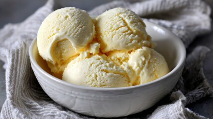 Creamy Vanilla Ice Cream in Bowl Close-up Food Photography, Delicious Dessert, Sweet Treat, Ice Cream Scoops Ice Cream, Food Photography