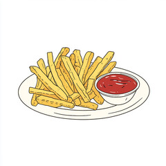 Pile of golden french fries with a small bowl of red ketchup on a white plate potato