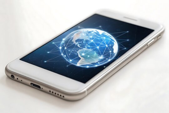 A white smartphone displays a digital globe with interconnected networks, symbolizing global communication and technological advancement