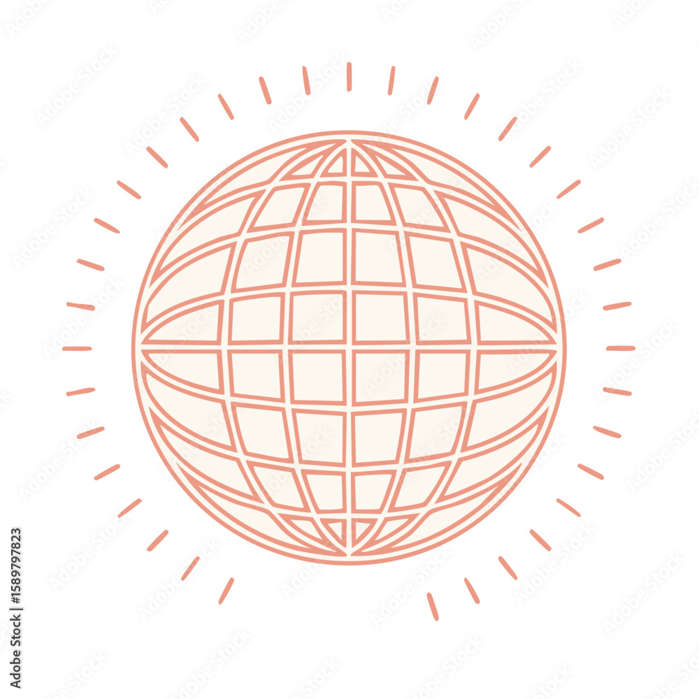Poster peach globe with dashed rays illustration for technology or travel concepts