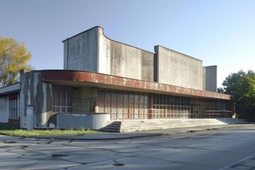 Obraz premium Decaying facade of an abandoned cinema building with broken windows, showcasing urban decay and the passage of time