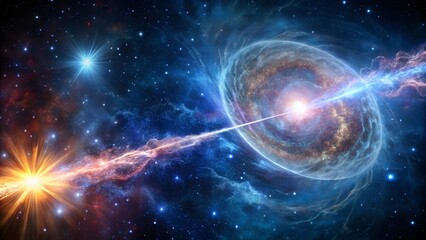 Obraz premium Photo of a distant galaxy with a powerful jet of energy streaming from its core, illuminating the surrounding stars and nebulae in the vast cosmic expanse