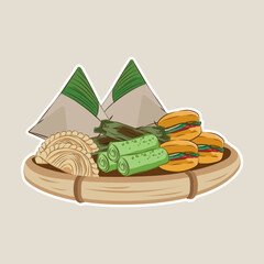 Vector illustration of famous various Malaysian traditional food or known as kuih in rattan tray