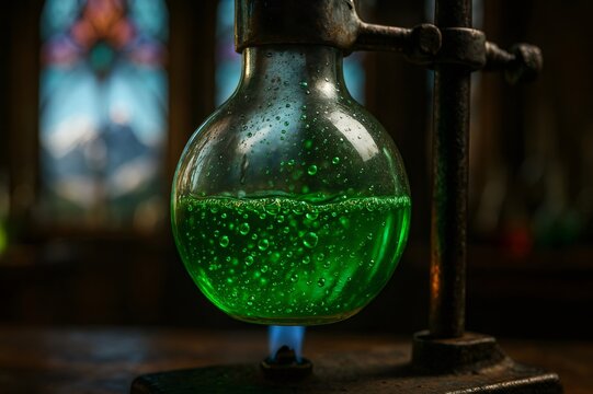 Round bottom flask containing a bubbling green liquid is heated on a bunsen burner