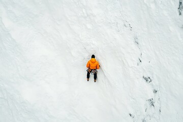 Ice climber ascending a frozen waterfall in winter, extreme sport adventure and exploration