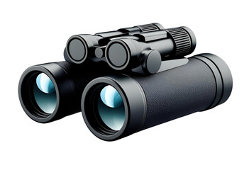 Black binoculars isolated for travel, adventure, wildlife, or outdoor viewing display.