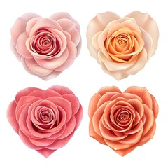 Four heart shaped roses in various shades isolated on white background