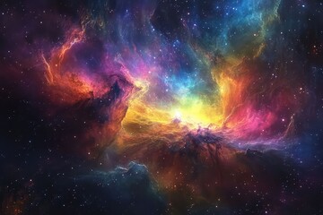 Obraz premium A breathtaking view of a nebula illuminated by the light of nearby stars, creating a colorful cosmic tapestry