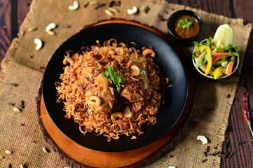 Delicious Arabian Chicken Mandi Rice with Long Grain Rice Juicy Chicken Pieces and Fresh Salad Perfect Middle Eastern Meal