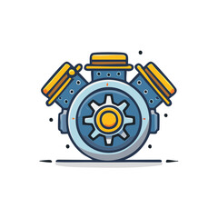 Cartoon Illustration of a Piston Engine with Gears, Blue and Yellow Design, Isolated