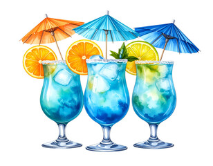 Set of Watercolor Blue Lagoon Cocktails with Citrus Wheels and Umbrella, Transparent Background