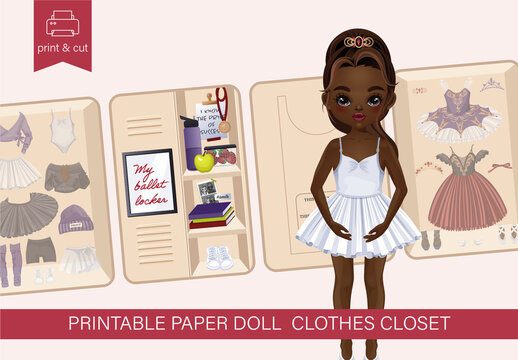 Printable ballet locker set with ballerina paper doll, hairstyles, clothes, and accessories. DIY dress-up toy for kids. Craft template for paper dollhouse, activity book and cut-out project