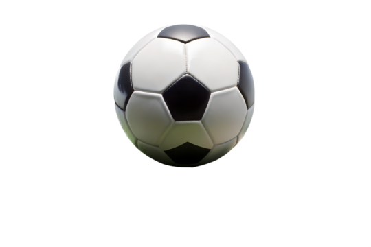 A classic black and white soccer ball sits ready for a game, isolated on transparent background