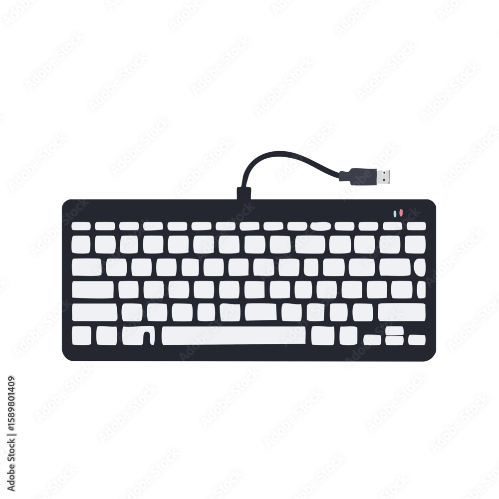 Poster black computer keyboard with usb cable, flat vector illustration, digital device for typing and work