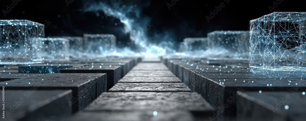 Poster futuristic wireframe environment with glowing cubes and abstract structures