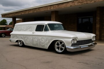Customized white classic car parked near a building