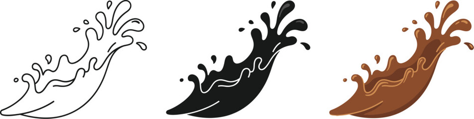 Three chocolate splash illustrations showcase liquid motion in line art, silhouette, and color, perfect for food and beverage designs, conveying dynamism and deliciousness in a vector format.