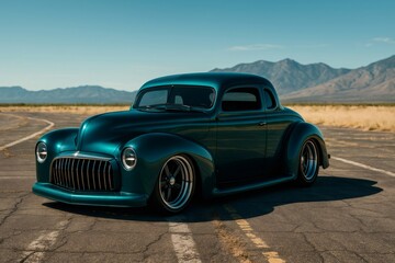 Obraz premium Customized vintage car parked on an empty road with mountains in the background