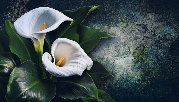 white calla flowers in dark green leaves on grunge backdrop creative mobile wallpapers