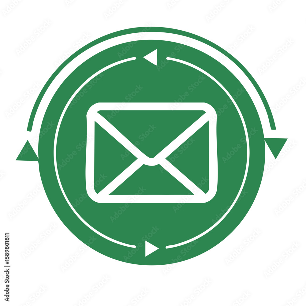 Poster communication symbol depicting envelope centered within circular arrow for sending and receiving mes