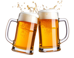 Two Classic Glass Beer Mugs Clinking Mid-Air with Foam Splash, Transparent PNG