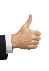 Fair-skinned caucasian adult hand with natural texture and clean nails, making a confident thumbs up on a transparent shadowless studio background, close-up, ultra-realistic, concept of approval and