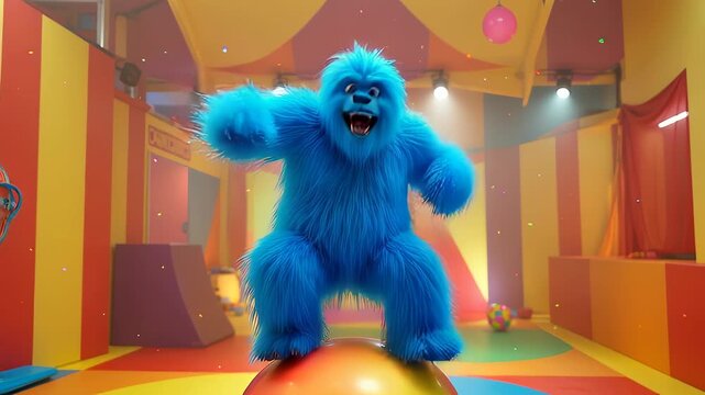 A blue monster is standing on a yellow ball