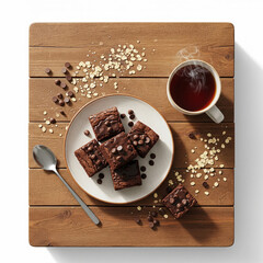 Overhead cozy scene of a plate of brownies with cup of tea, scattered oats and chocolate chips on rustic wooden table. Warm natural daylight copy