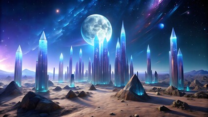 Photo of a surreal alien city with towering crystal spires and glowing blue lights under a large moon and a colorful cosmic sky