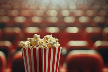 Classic striped bucket overflowing with popcorn in an empty cinema with red seats, ready for a movie screening