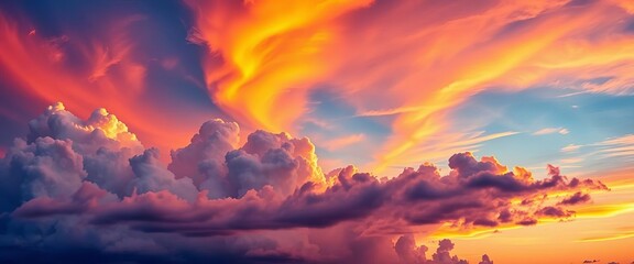 Obraz premium Fiery sunset, vibrant blue, white, and orange cloudscape drama, view, amazing