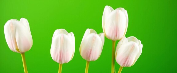 Fototapeta premium Five pristine white tulips, stems intact, against vibrant green backdrop, green, flower photography