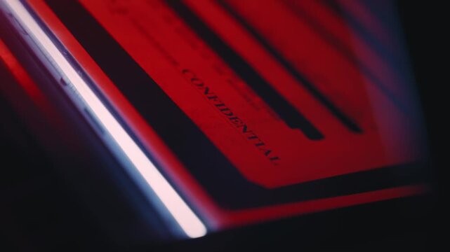 Confidential labeled government document being copied or scanned in red darkroom. Close up on digital scanning machine or photocopy. Illegal activity stealing official high level files security breach