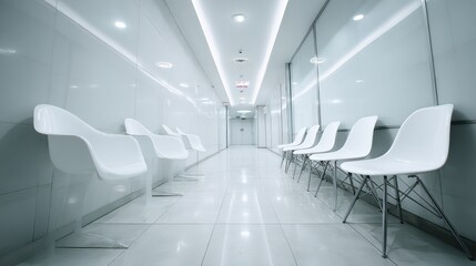 Obraz premium Empty modern hospital corridor, clinic hallway interior background with white chairs for patients waiting for doctor visit. Contemporary waiting room in medical office. Healthcare services concept, n