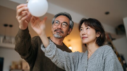 Mid adults couple changing light bulb indoors at home, relocation and diy concept., no logos, no brands
