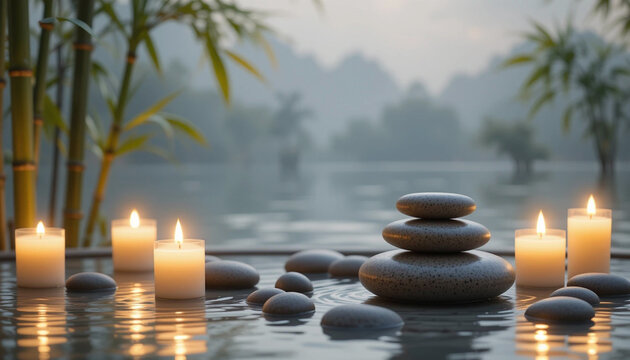 zen stones in water and bambo 
