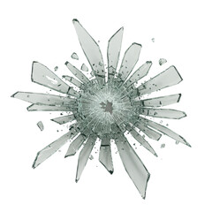 numerous sharp clear broken glass shards of various sizes and jagged shapes, translucent and glinting, scattered radially on a transparent background, top-down view, concept of destruction and