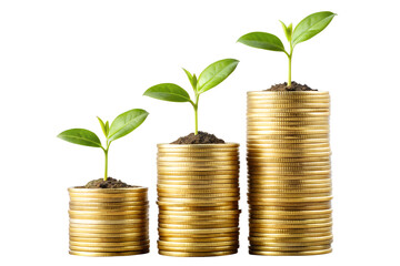 Three stacks of gold coins with green plants growing from them, symbolizing financial growth and investment isolated on transparent background