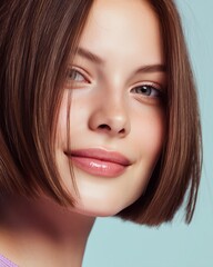 Obraz premium Portrait of a gorgeous young woman with radiant complexion and a fresh, modern brunette bob hairstyle looking directly at the camera.