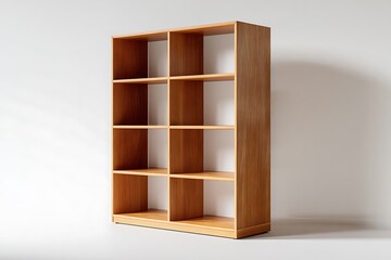 Modern minimalist wooden bookcase with eight compartments against a neutral background