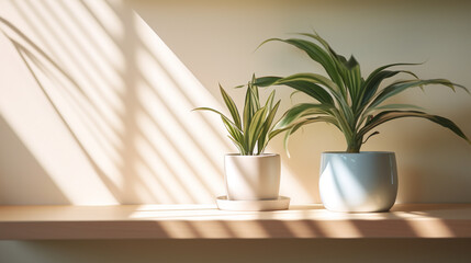 Two potted plants sit on a shelf bathed in sunlight creating shadows on the wall behind them
