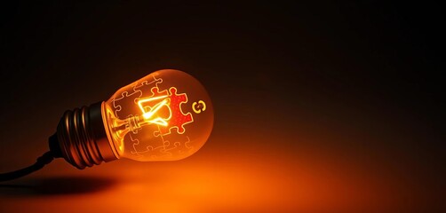 Glowing light bulb with puzzle pieces forming its filament, technology, acceptance