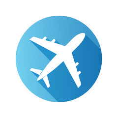 Airplane in Flight Icon on a Blue Circle: Travel, Tourism and Transportation