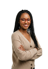 Young adult Afro-American woman with long dark braided hair, red-framed glasses, beige knitted cardigan, standing confidently with arms folded, smiling warmly on a transparent background with copy