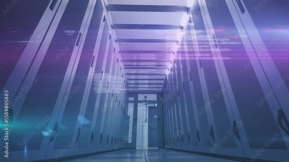 Poster noise appearing, code drifting then neon streaks racing inside server corridor showing data flow