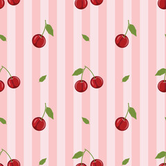 Pink Cherry Seamless Stripe Pattern, Sweet Cherry Wallpaper with Vertical Lines