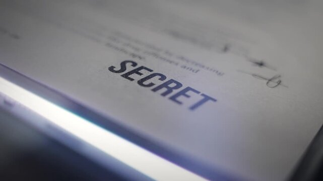 Extreme close up secret rubber stamp file is scanned or photocopied by machine. Copying scanning and sending classified sensitive info report. High level security breach in illegal criminal activity
